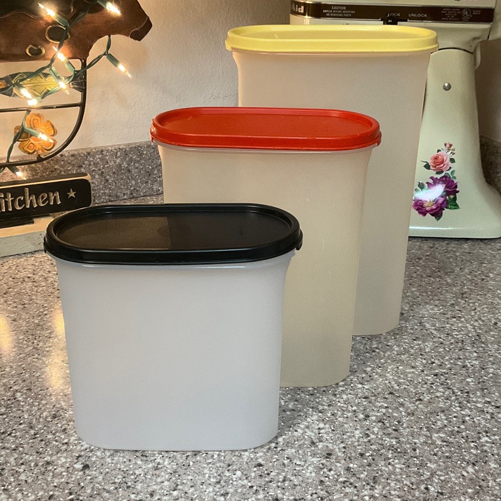 Tupperware Storage Set with Black, Red, and Yellow Lids